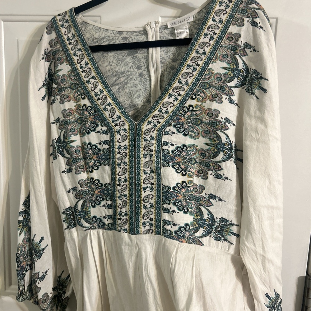 VENUS Ivory and Teal Patterned Dress